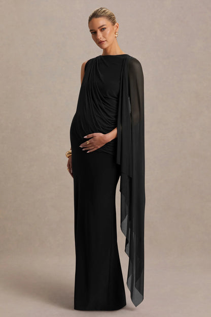 Cristina Black High Neck Maternity Maxi Dress With Cape Sleeve