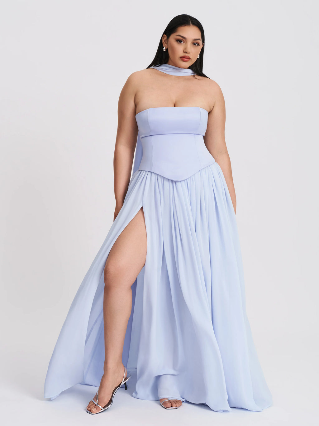 Qianna Baby Blue Peplum Drop Waist Chiffon Gown