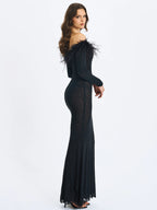 Emberly Black Fur Trimmed Off Shoulder Rhinestone Mermaid Maxi Dress