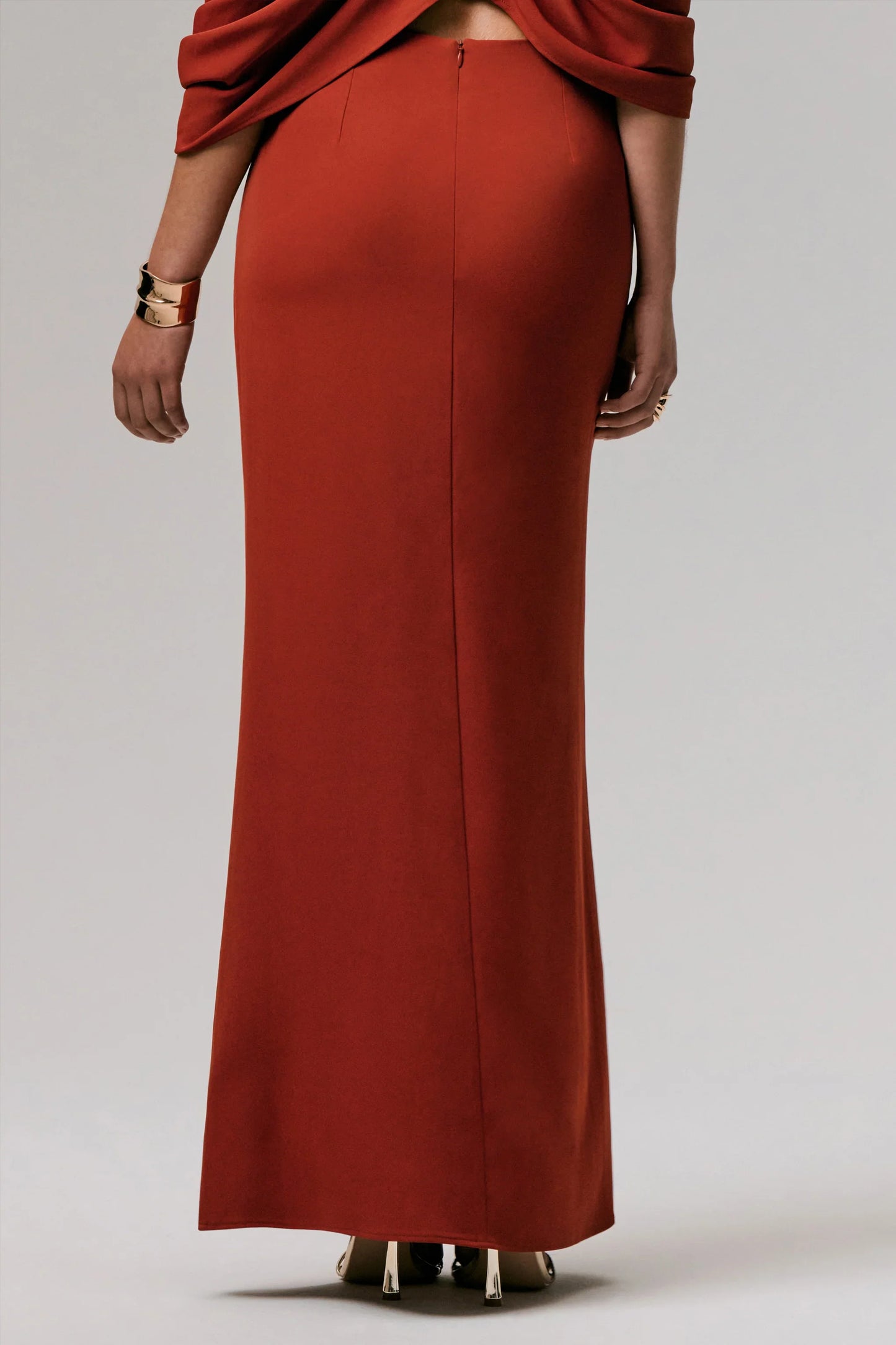 Zelina Terracotta Mid Rise Maxi Skirt with Split