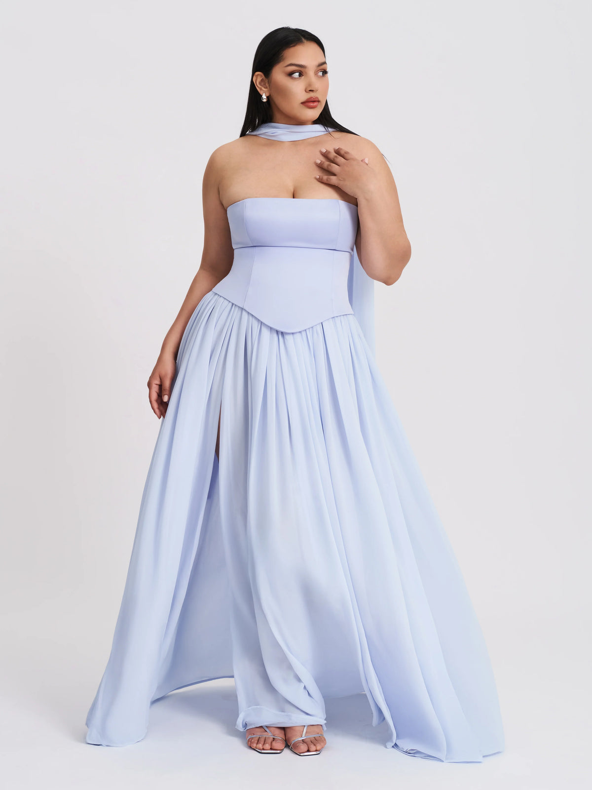 Qianna Baby Blue Peplum Drop Waist Chiffon Gown