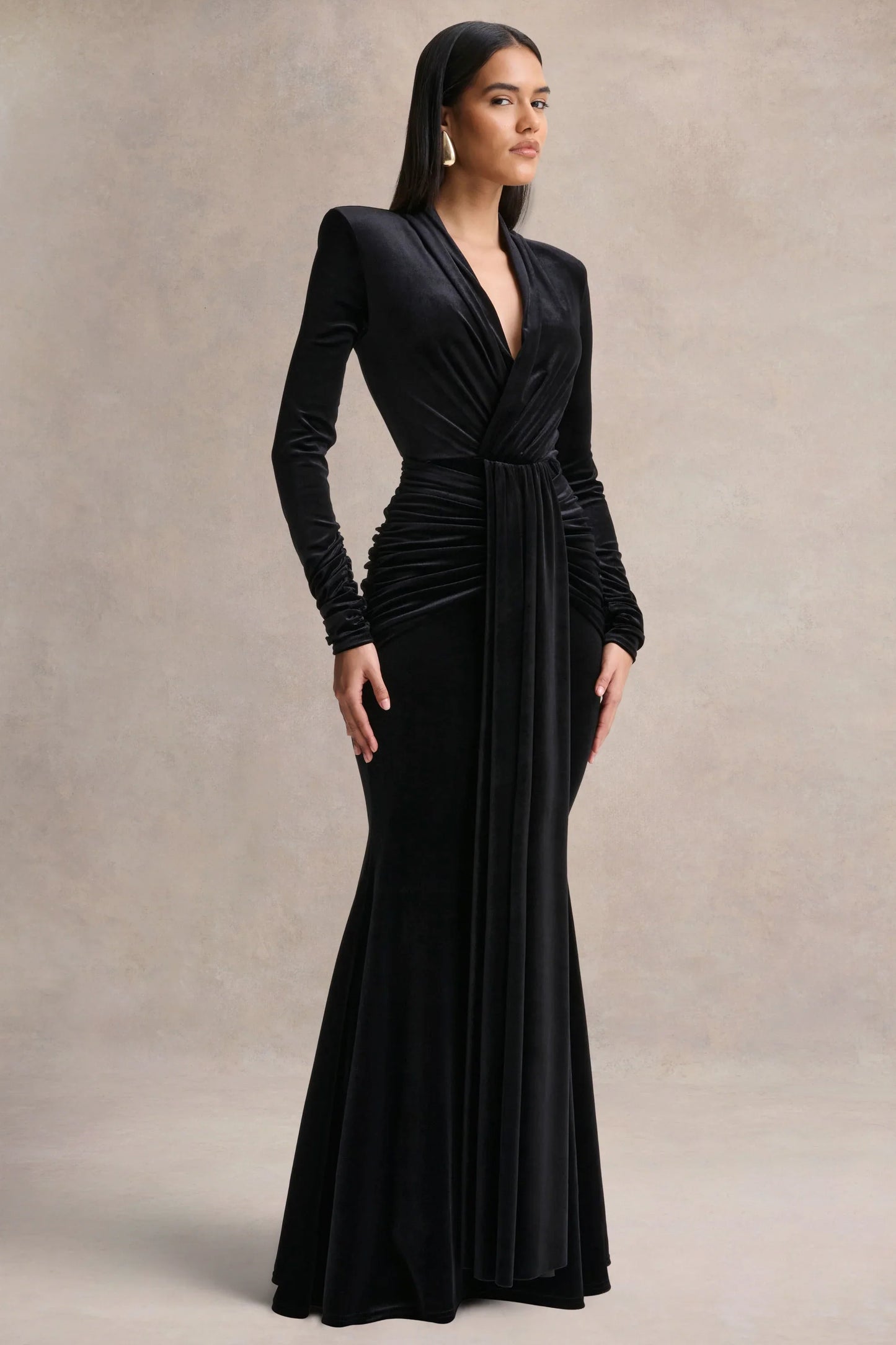Halima Black Velvet Plunge Neck Maxi Dress With Gathered Detailing