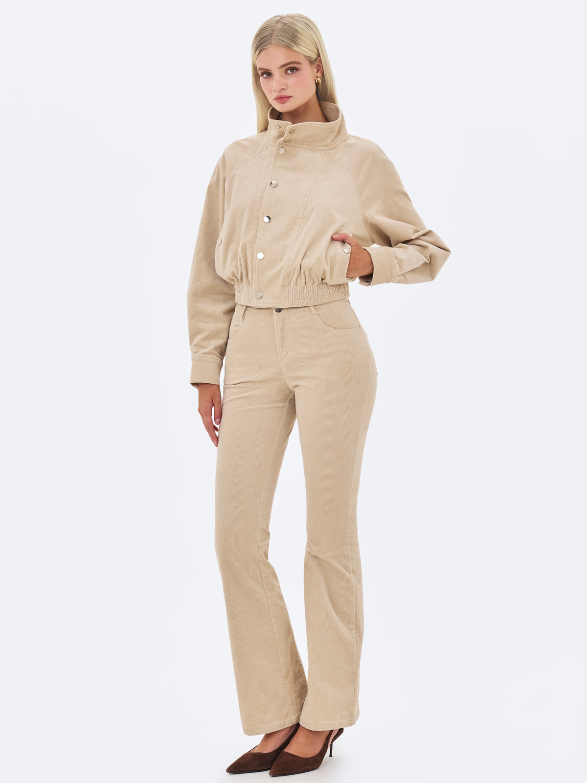Romilly Beige Cotton Corduroy Funnel Collar Jacket