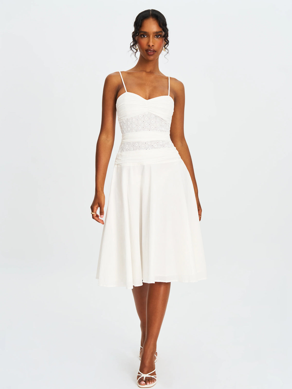 Maelis White Cotton Eyelet Drop Waist Midi Dress