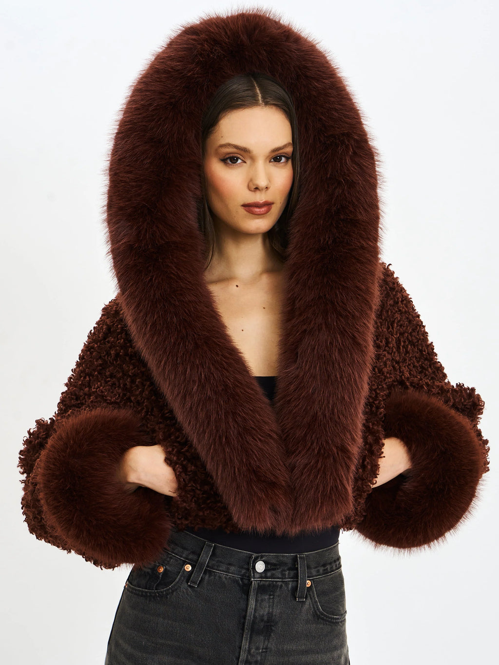 Kali Mahogany Cropped Vegan Shearling Fur Jacket