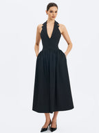 Delaney Black Lapel Halter Midi A Line Dress