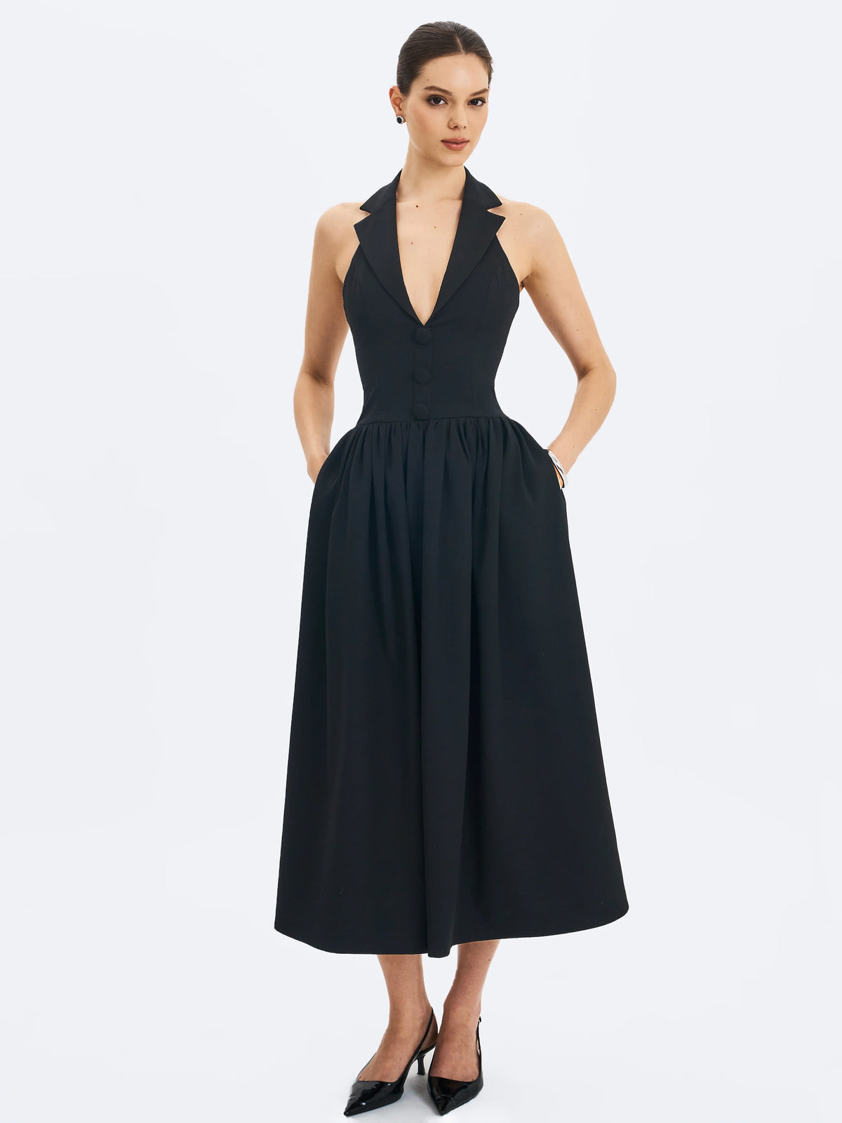 Delaney Black Lapel Halter Midi A Line Dress