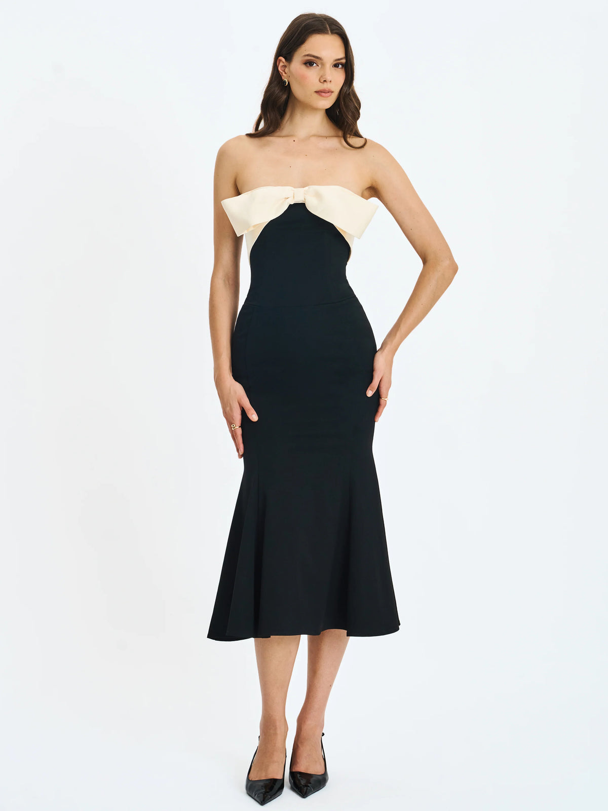 Saige Black Mermaid Midi Dress with Ivory Bow Bustline