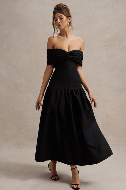 Marguerite Black Twisted Bardot Drop Waist Maxi Dress