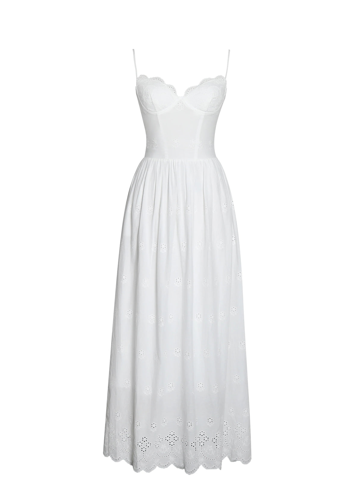 Oberon White Cotton Eyelet Lace Up Back Maxi Dress