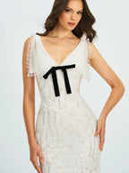 Paola White Peter Pan Collar Beaded Sequin Mermaid Midi Dress