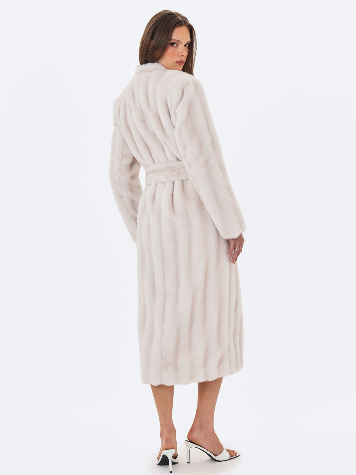Celine Soft White Faux Mink Belted Longline Coat