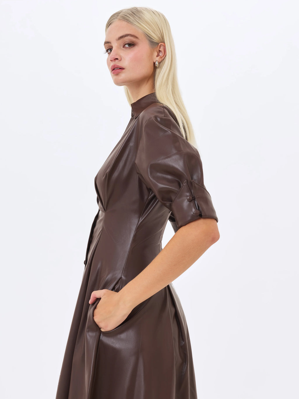 Vilda Espresso Brown Faux Leather Pleated Midi Dress