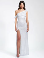 Paget White Mesh Rhinestone Embellished High Slit Gown Archive Sale