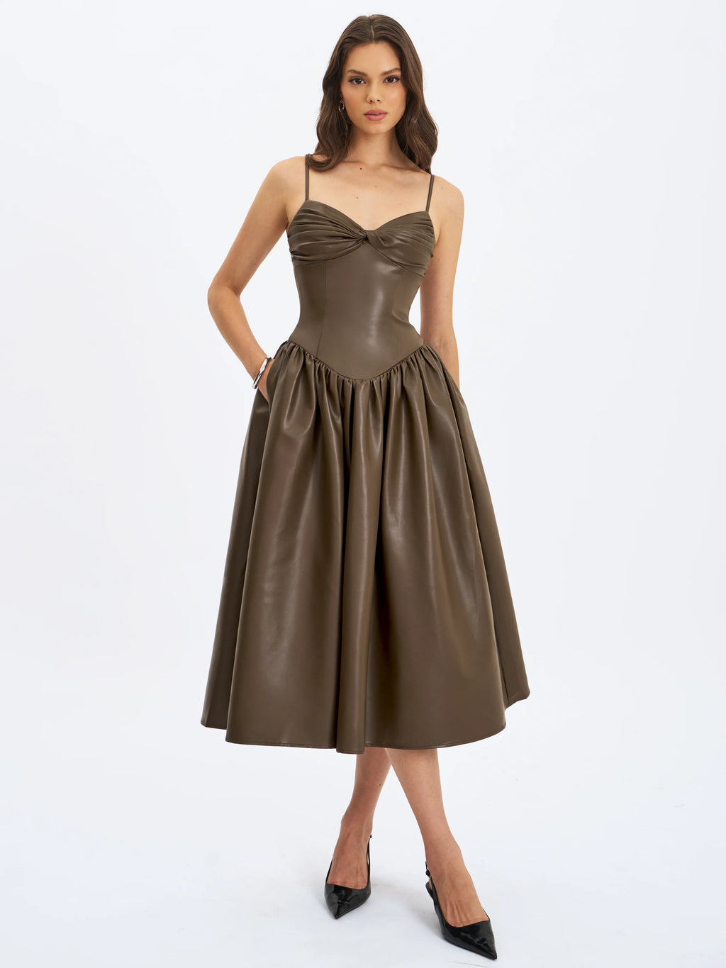Parisia Cocoa Vegan Leather Drop Waist Midi Dress