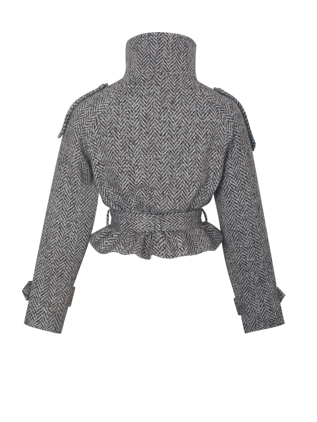 Sadie Brown White Herringbone High Collar Belted Mini Jacket