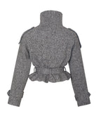 Sadie Brown White Herringbone High Collar Belted Mini Jacket