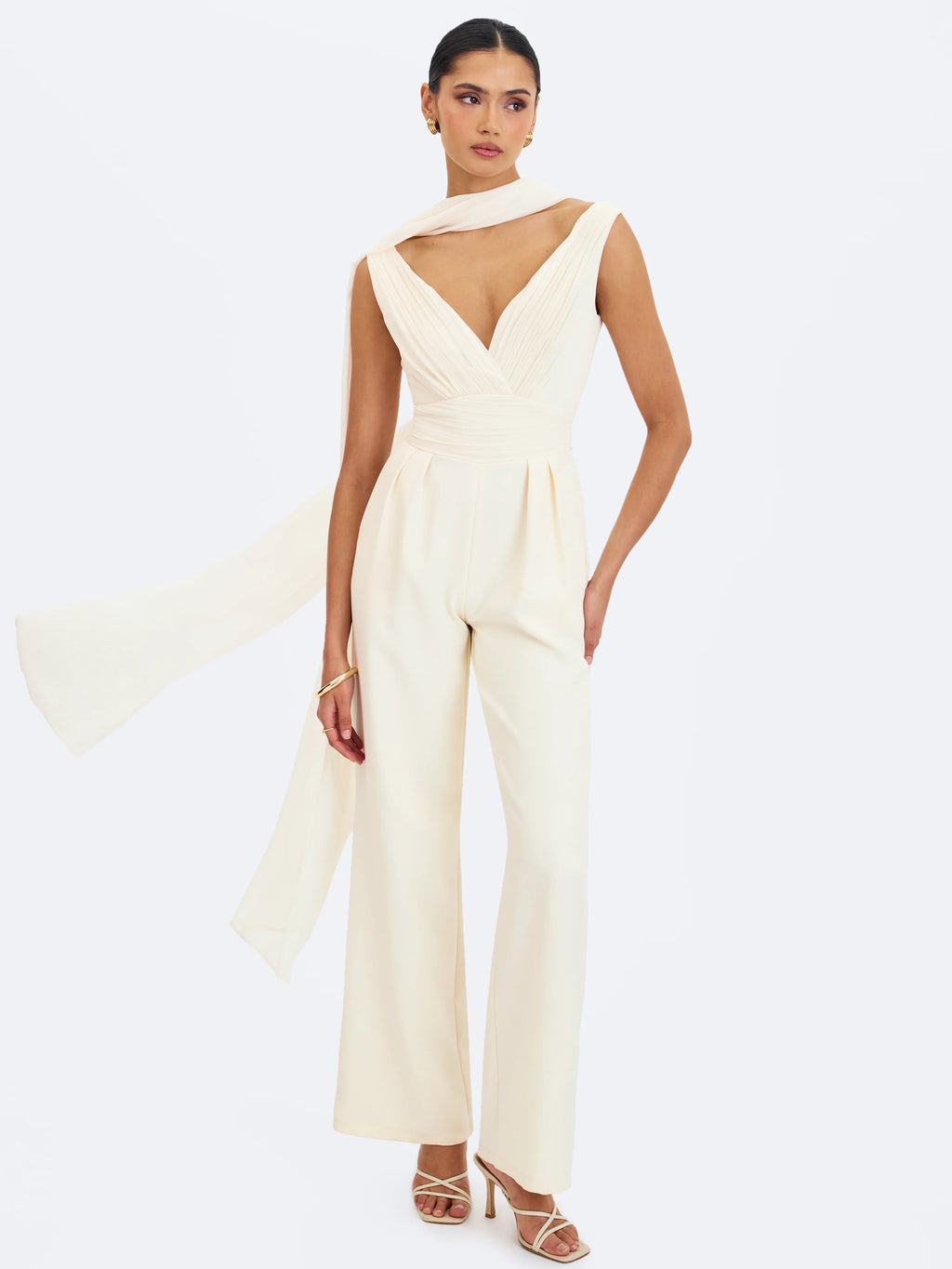 Harper Ivory Ruched V Neck Jumpsuit with Scarf