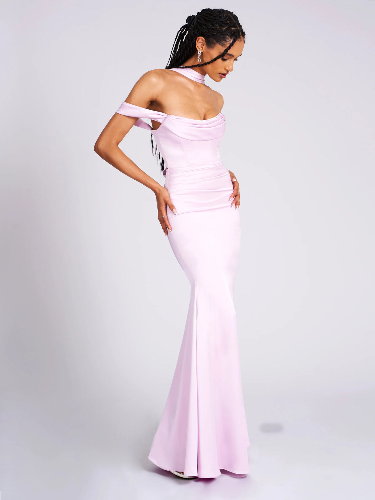 Ivona Mauve Halter Neck Double Duchess Satin Gown