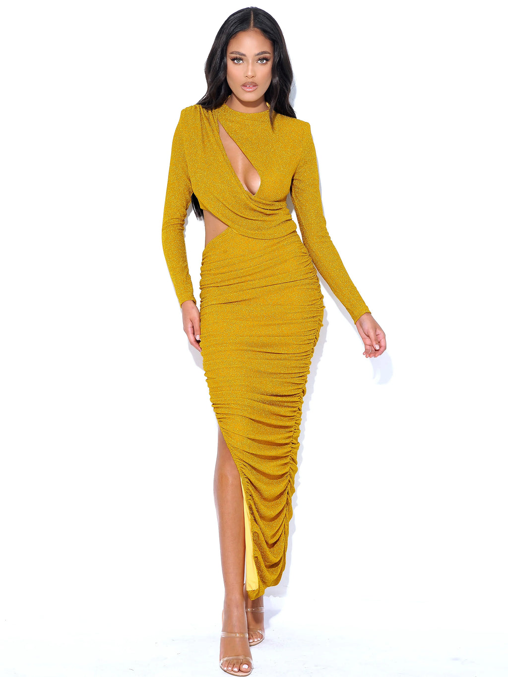 Payson Gold Long Sleeve Metallic Jersey Cutout Dress Archive Sale