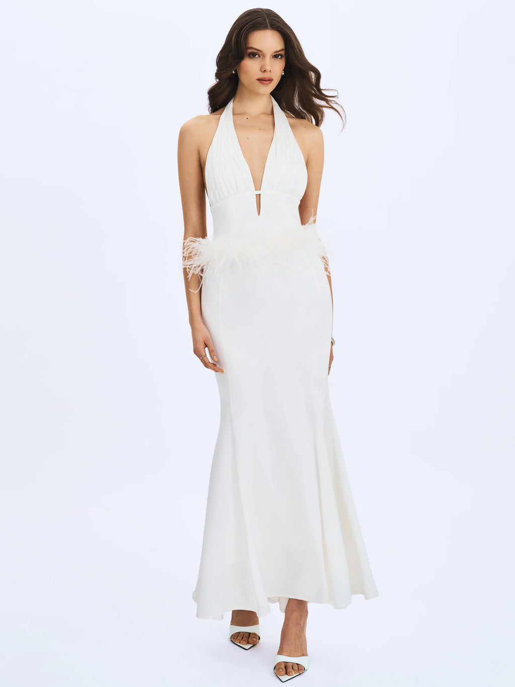 Solene Pleated Halter Backless Feather Trim Maxi Dress