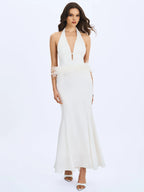 Solene Pleated Halter Backless Feather Trim Maxi Dress