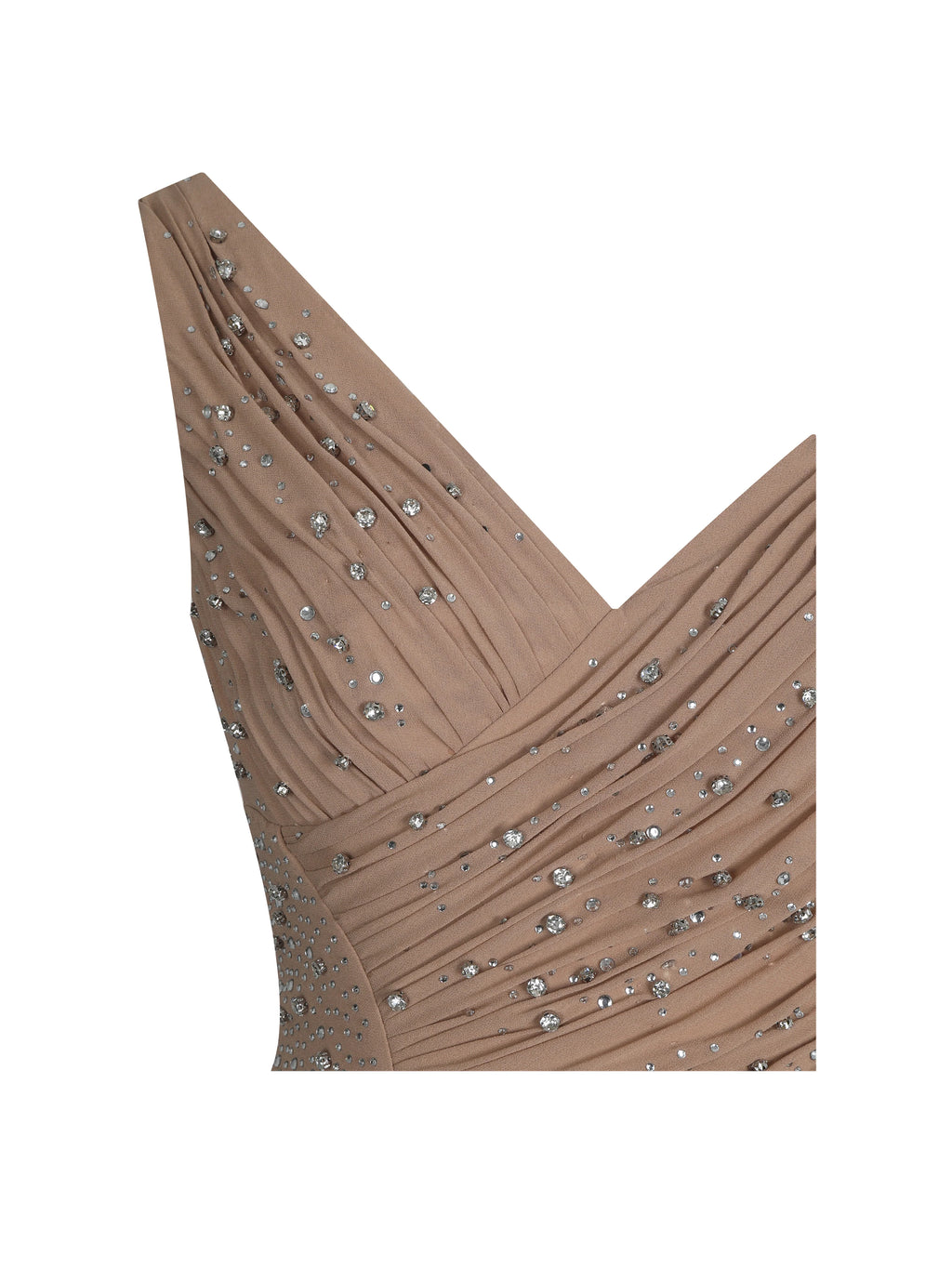 Viveca Apricot Crystal Embellished Asymmetrical Ruched Maxi Dress