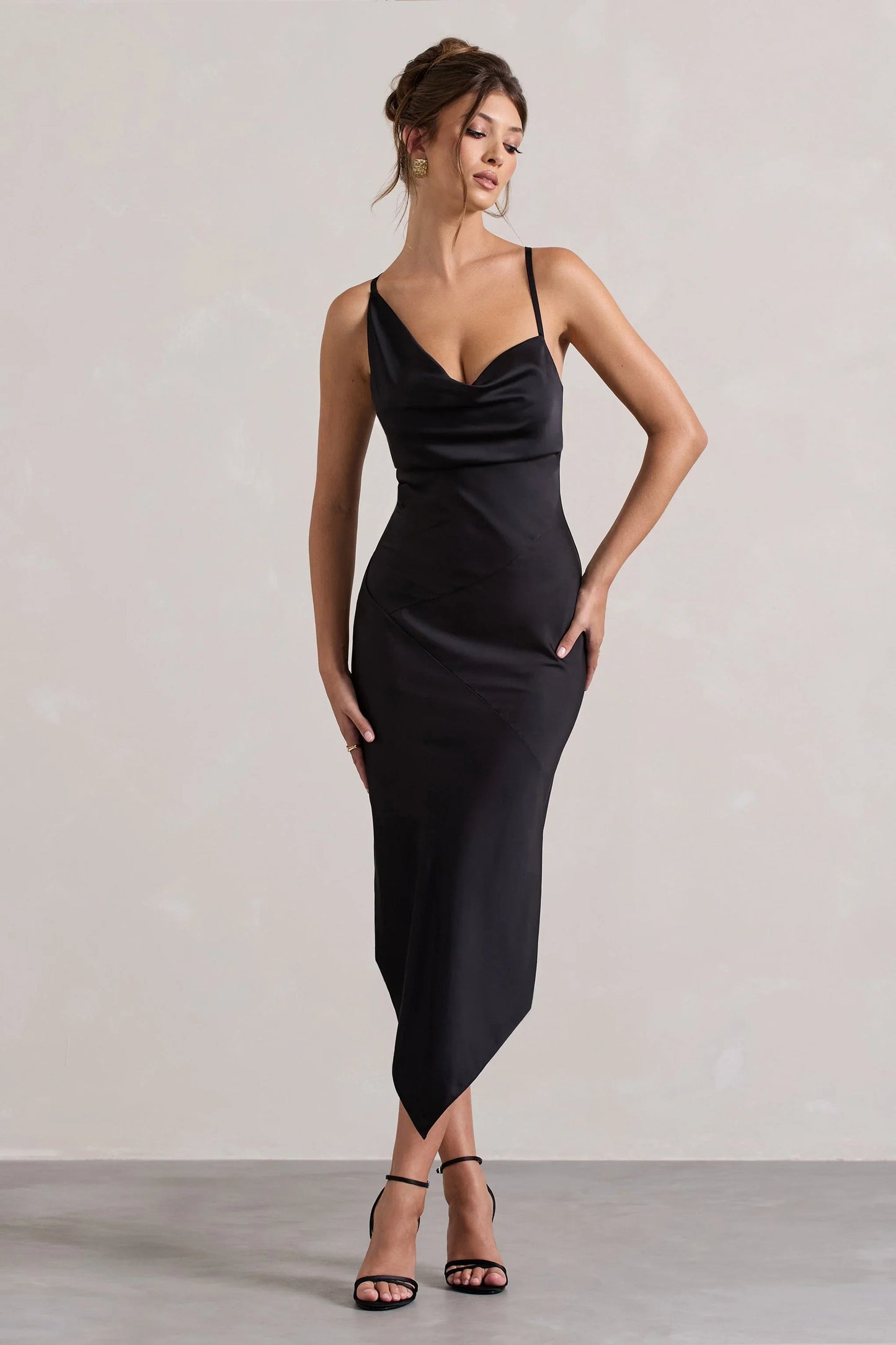 Fillie Black Satin Asymmetric Cowl Neck Midi Dress