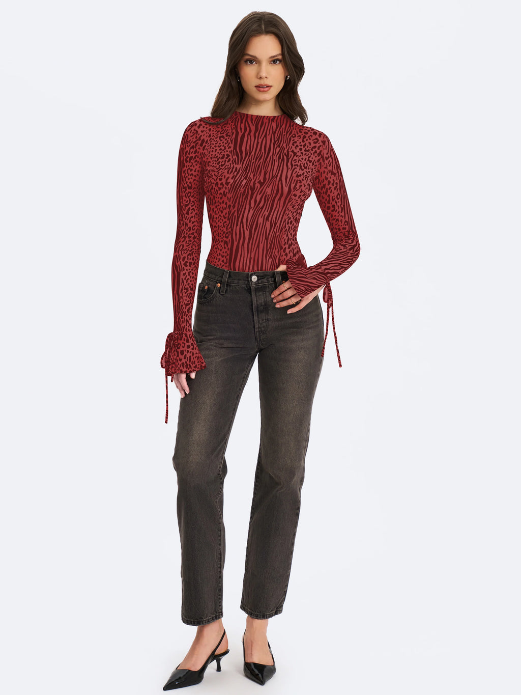Ibera Burgundy Animal Print Burnout Velvet Long Sleeve Bodysuit