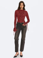 Ibera Burgundy Animal Print Burnout Velvet Long Sleeve Bodysuit