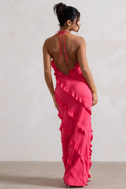 Full On Hot Pink V Neck Ruffle Maxi Dress
