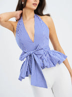 Ilene Blue Gingham Cotton Bubble Hem Halter Top