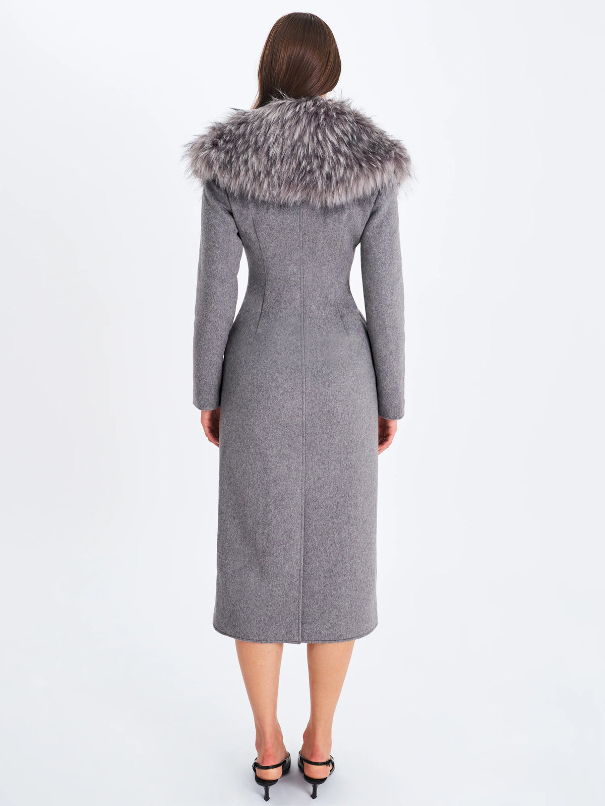 Faye Grey Wool Blend Single Breasted Coat with Removable Faux Fur Collar