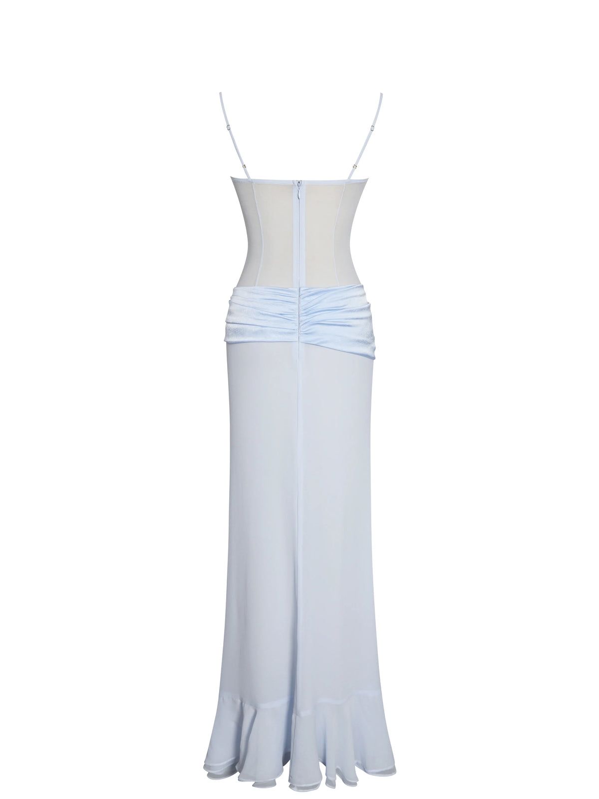 Lacy Blue Ruched Breast High Slit Chiffon Dress