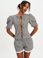 Qusayla Black Gingham Cotton Bubble Sleeve Bowtie Top