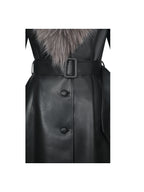 Nico Black Faux Leather Fur Trimmed Belted A Line Midi Coat