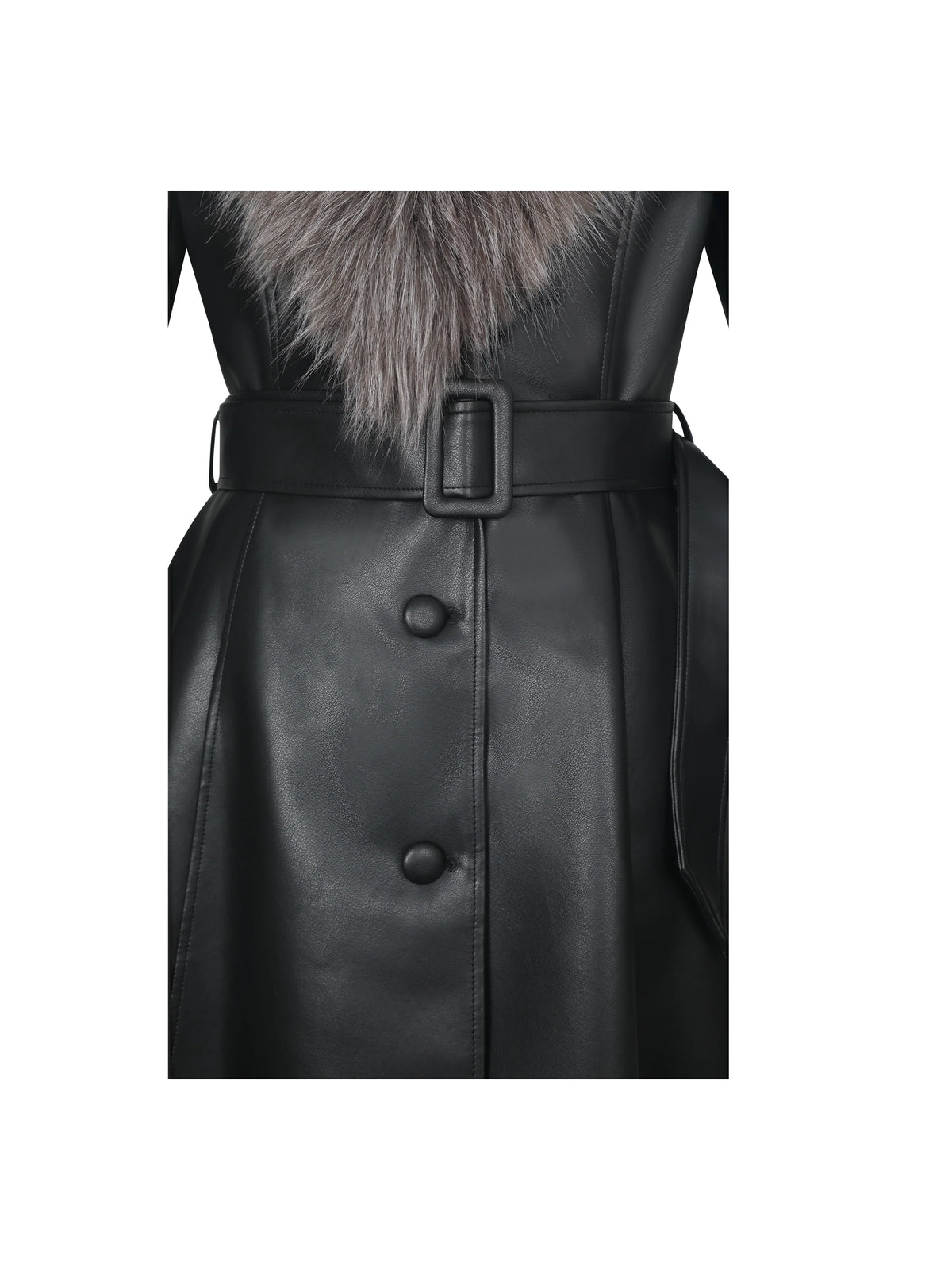 Nico Black Faux Leather Fur Trimmed Belted A Line Midi Coat