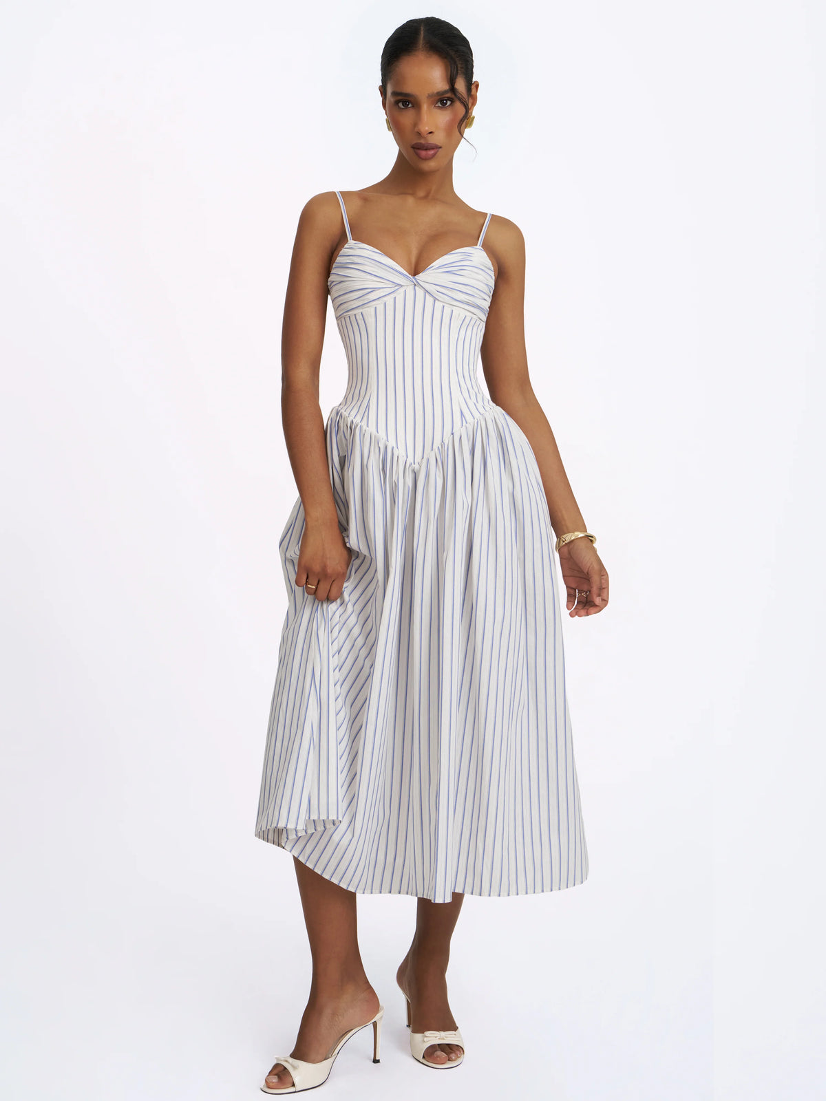 Olea Sky Blue Striped Cotton Poplin Ruched Midi Dress