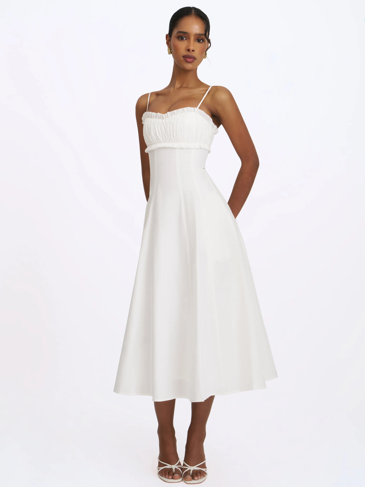 Vicenta White Cotton Poplin Ruched Midi Dress