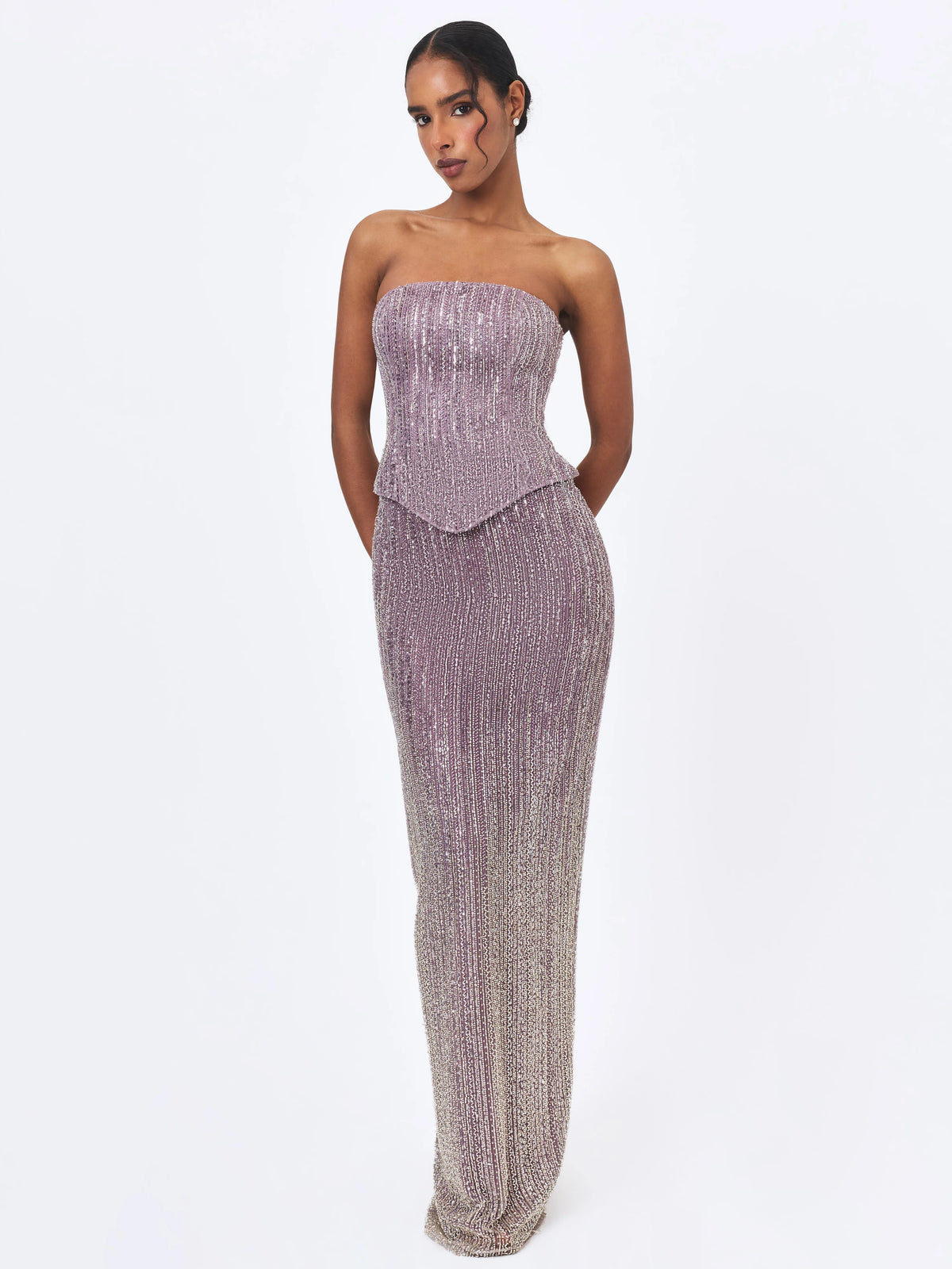 Tosca Beaded Purple Gradient Strapless Peplum Maxi Dress