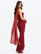 Giselle Crimson Peplum Mermaid Gown with Chiffon Scarf