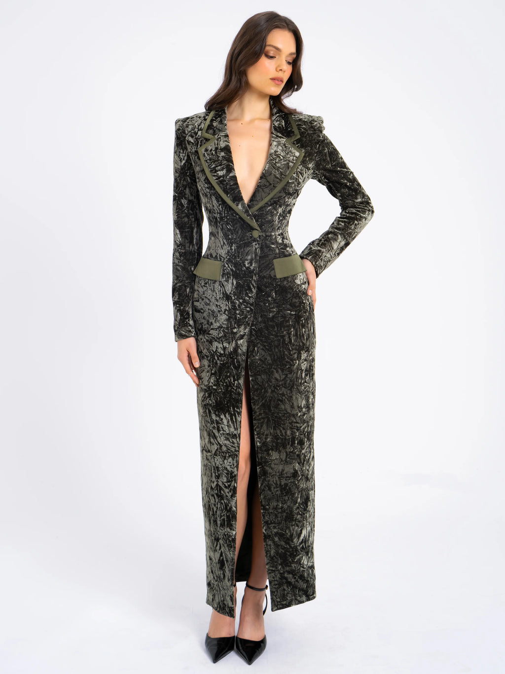 Willow Green Glossy Velvet High Slit Blazer Gown Archive Sale