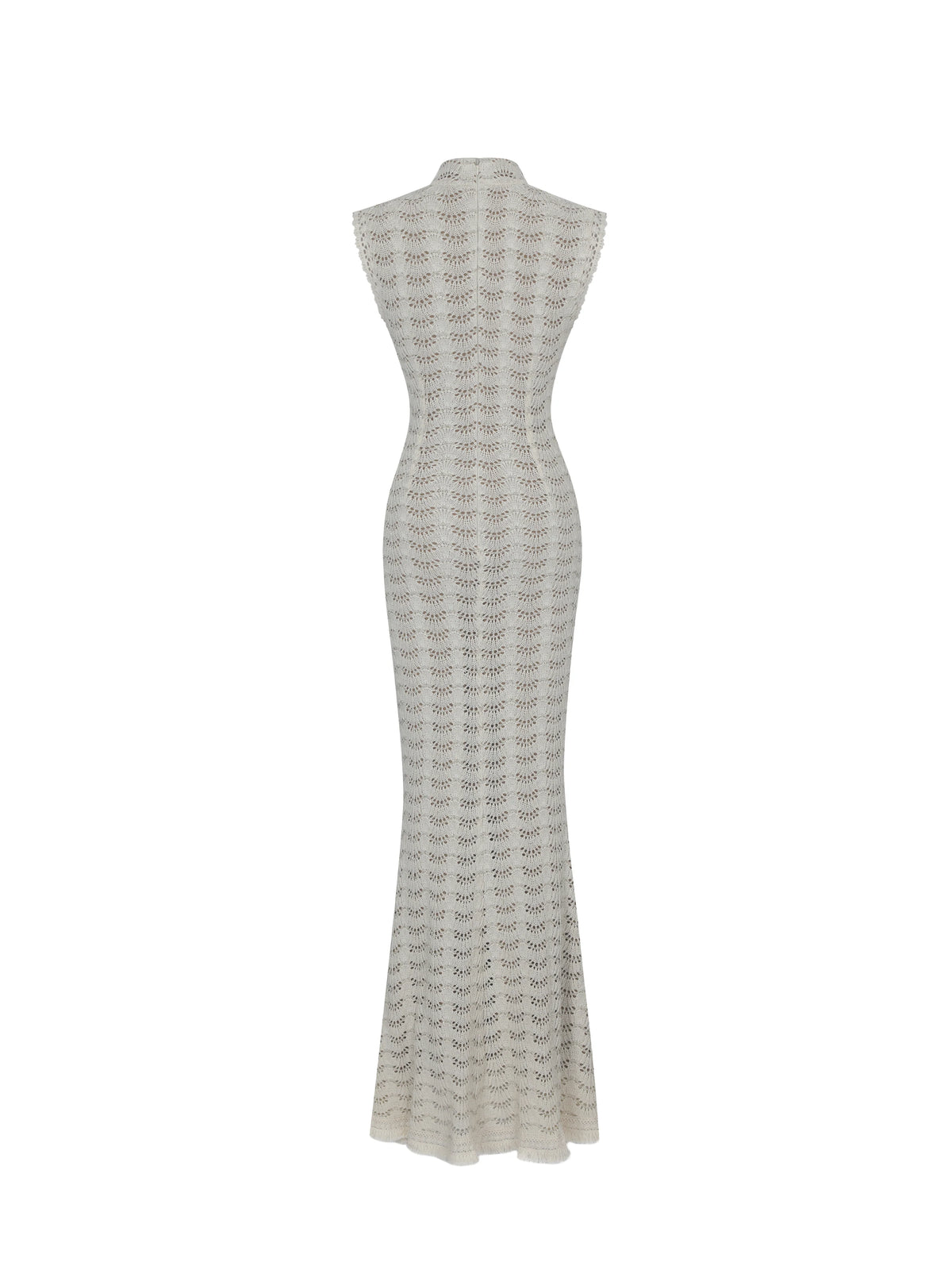 Xylona Beige Gold Crochet Teardrop Neckline Mermaid Maxi Dress