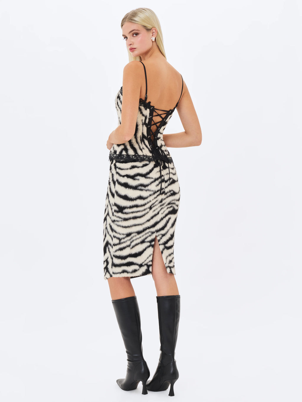 Xylena Black White Zebra Fur Midi Pencil Skirt