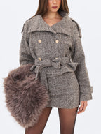 Sadie Brown White Herringbone High Collar Belted Mini Jacket