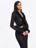 Hali Black Animal Print Burnout Velvet Fur Trim Top