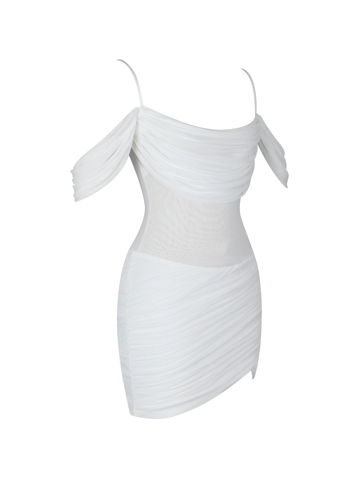 Umnia White Mesh Off Shoulder Drape Mini Dress