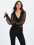 Taliah Black Sheer Lace Ruffled Collar Bodysuit