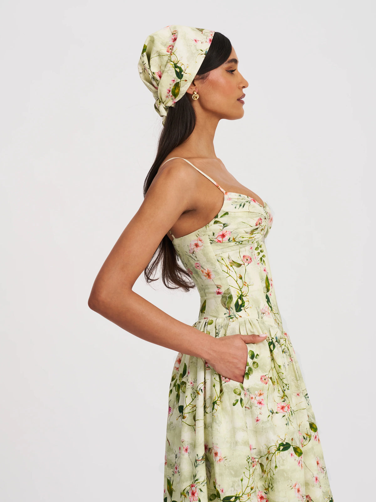 Jacinda Green Floral Print Linen Midi Dress