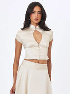Galilea Ivory Floral Jacquard Keyhole Mandarin Collar Top